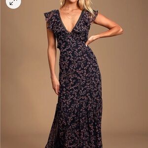 Lulu’s Darling Daydream Navy Blue Floral Print Ruffled Maxi Dress